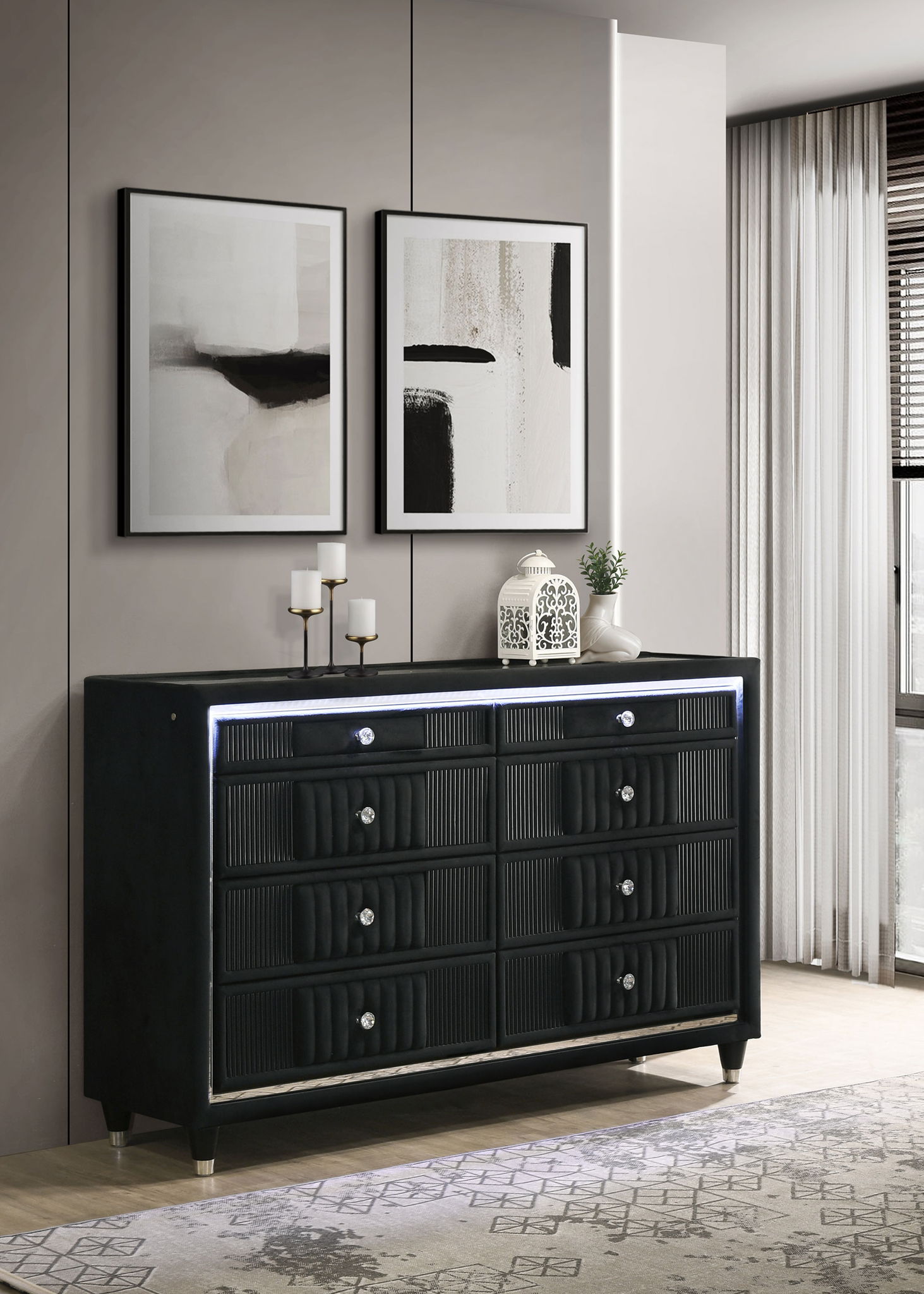 Ravenne 8-drawer Velvet Upholstered LED Dresser Cabinet Black