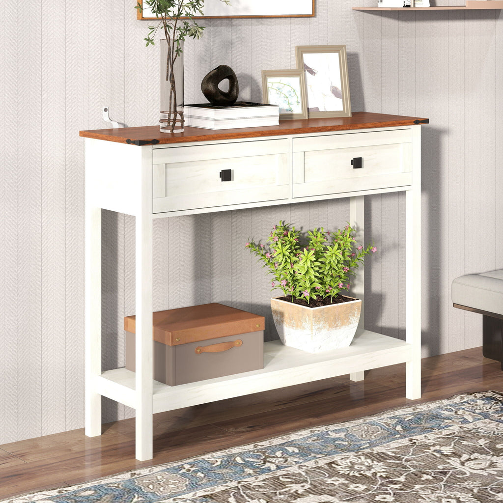 Farmhouse Style Console Table With 2 Drawers And Bottom Storage Shelf