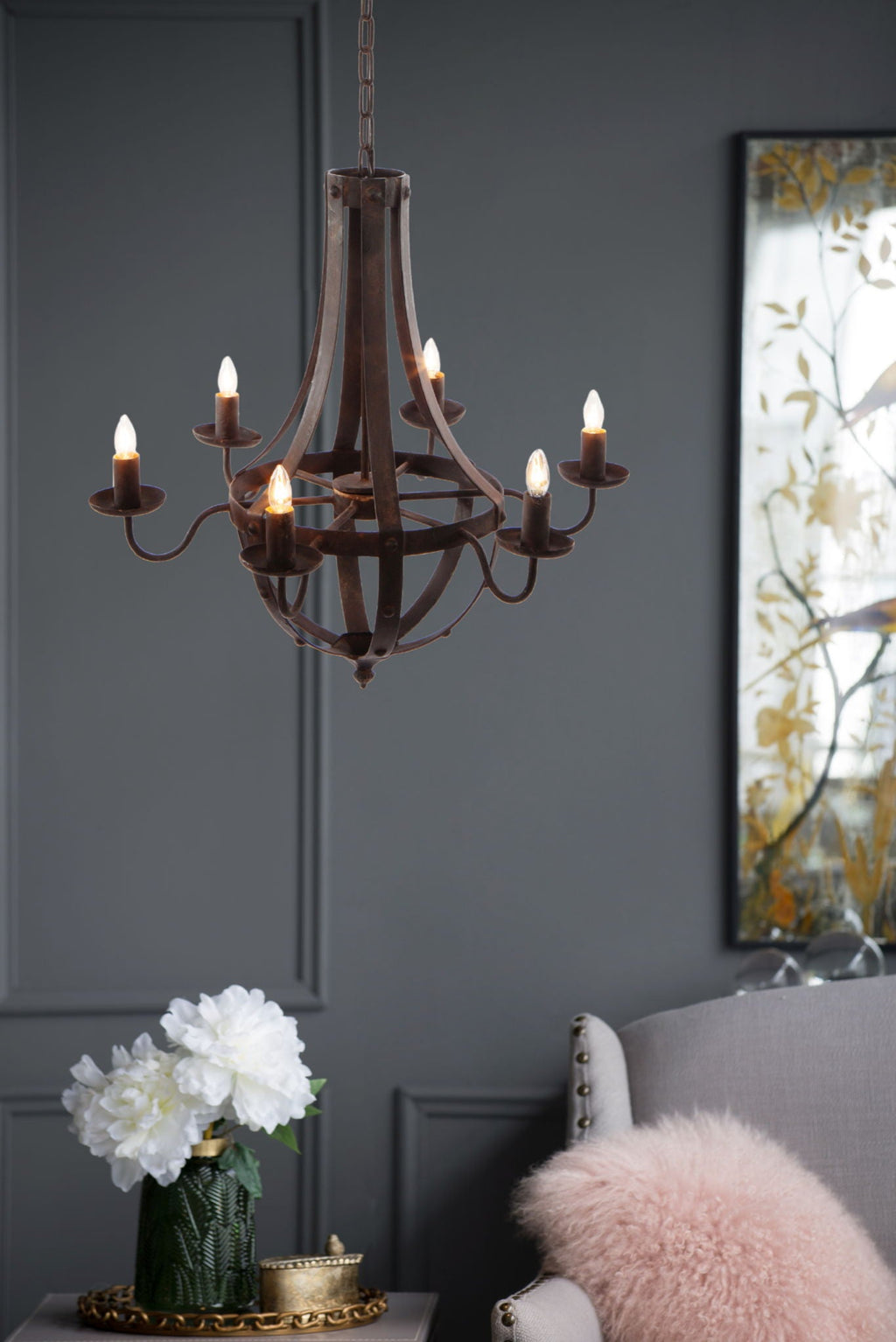 6 Light Metal Chandelier, Hanging Light Fixture With Adjustable Chain For Kitchen, Bulb Not Included - Black