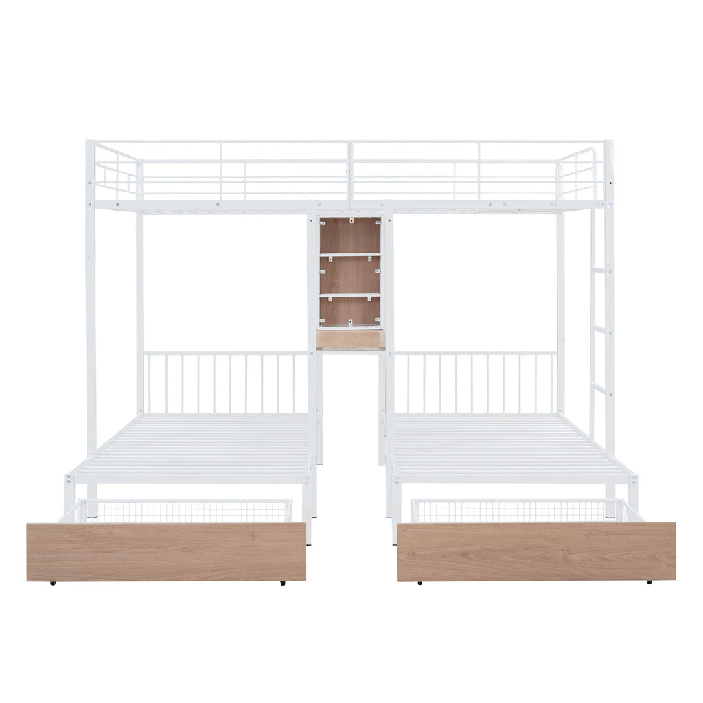 Triple Bunk Bed With Drawers, Multi-Functional Frame With Desks And Shelves In The Middle