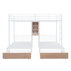 Triple Bunk Bed With Drawers, Multi-Functional Frame With Desks And Shelves In The Middle
