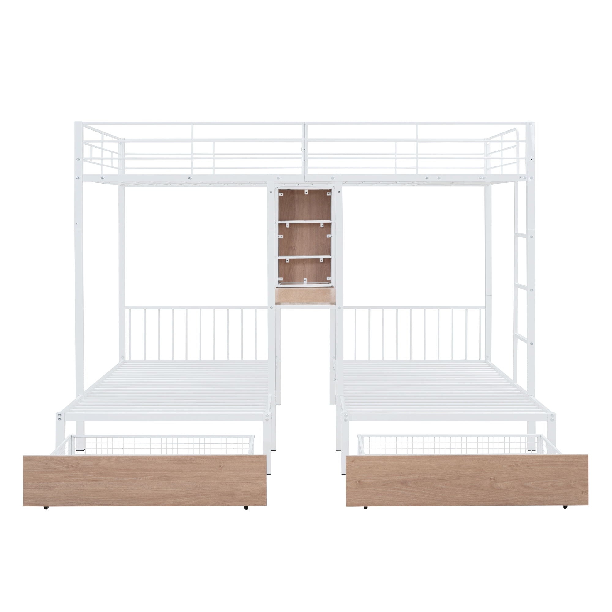 Triple Bunk Bed With Drawers, Multi-Functional Frame With Desks And Shelves In The Middle