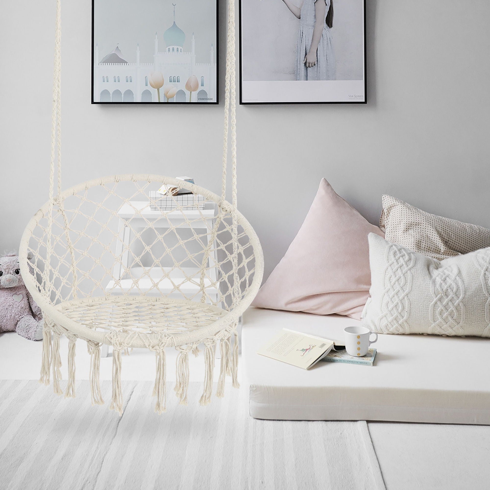 Macrame Hanging Hammock Chair, Rope Swing For Indoor And Outdoor Use