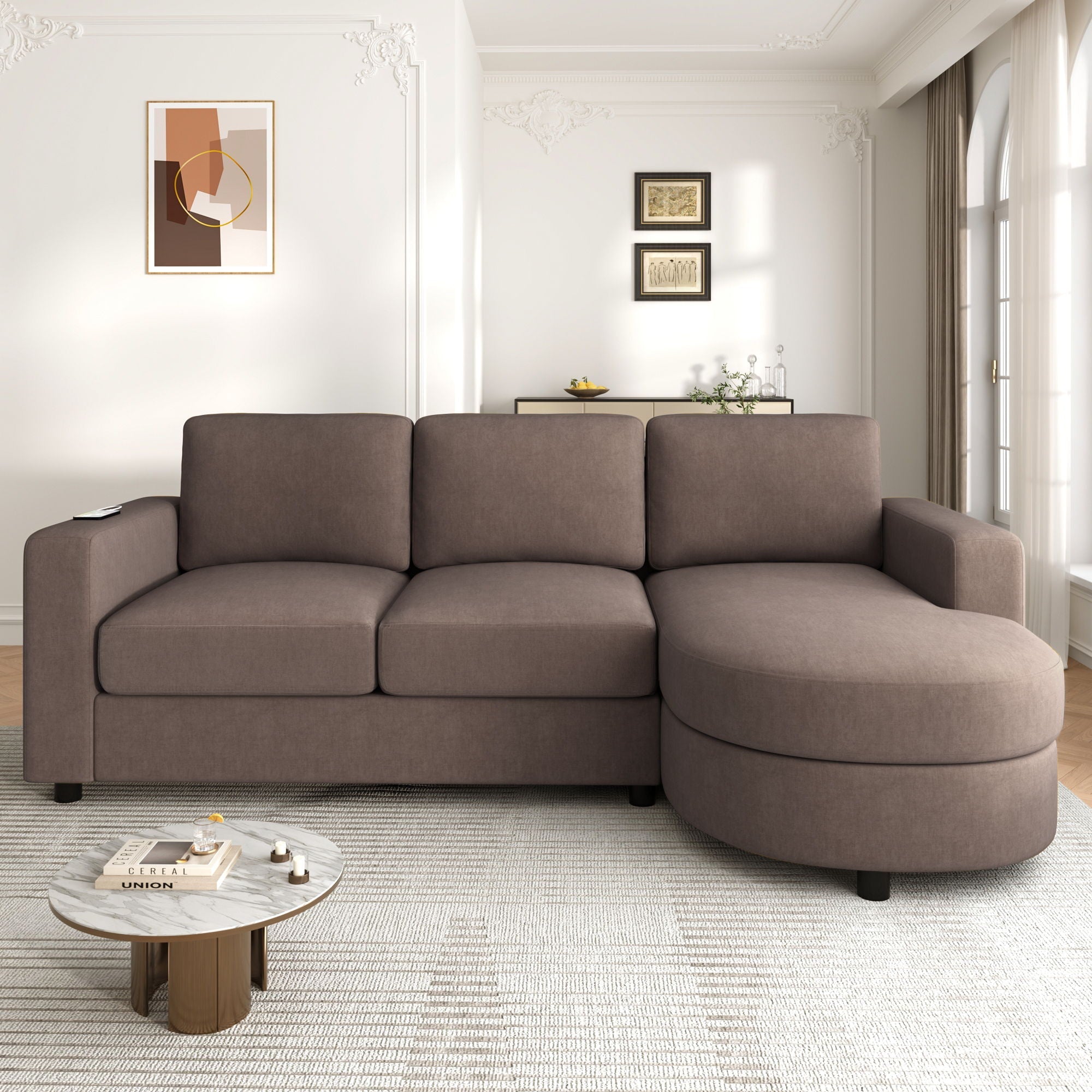 Modern L-Shaped Sectional Sofa With Curved Chaise, USB Ports, And Side Storage Pockets