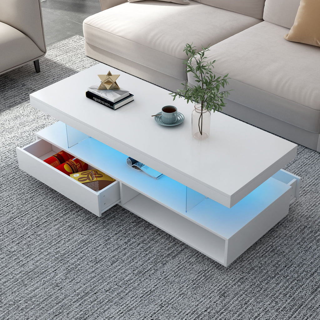 LED Coffee Table With 2 Drawers And Display Shelves