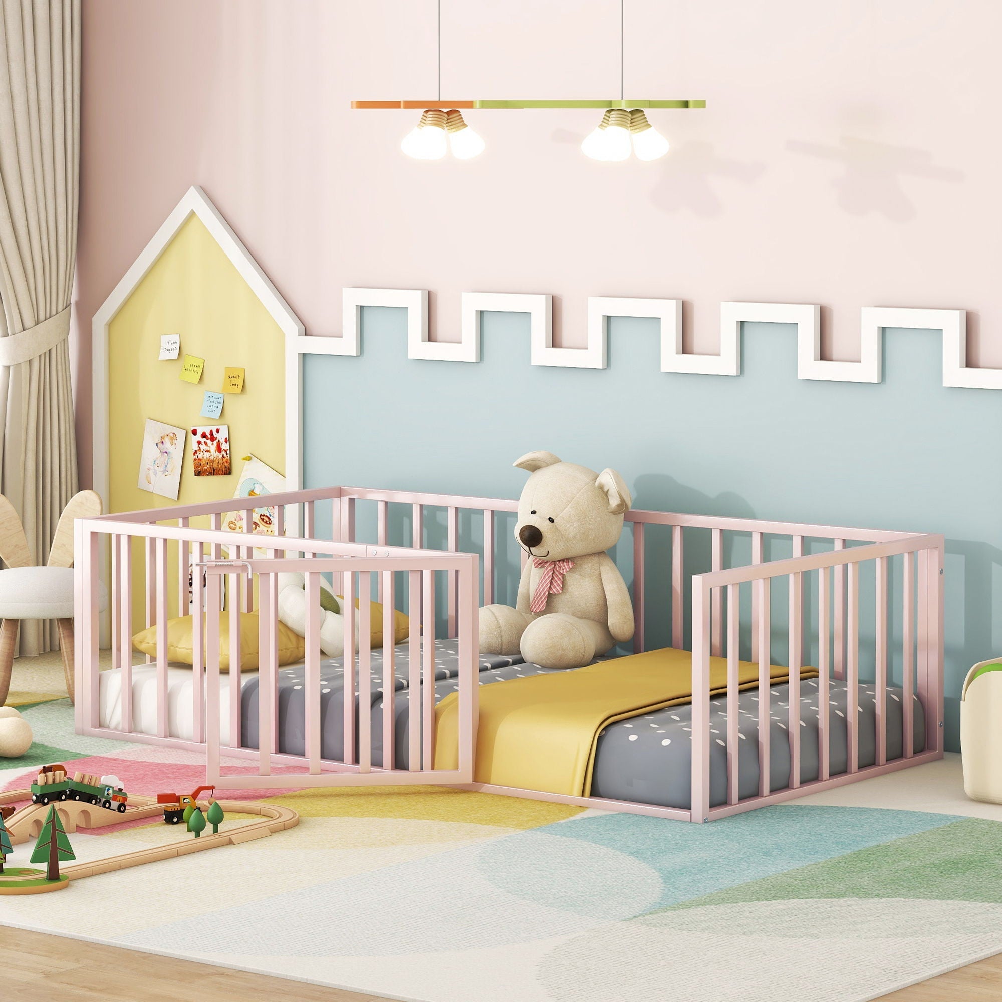 Metal Floor Bed Frame With Fence And Door