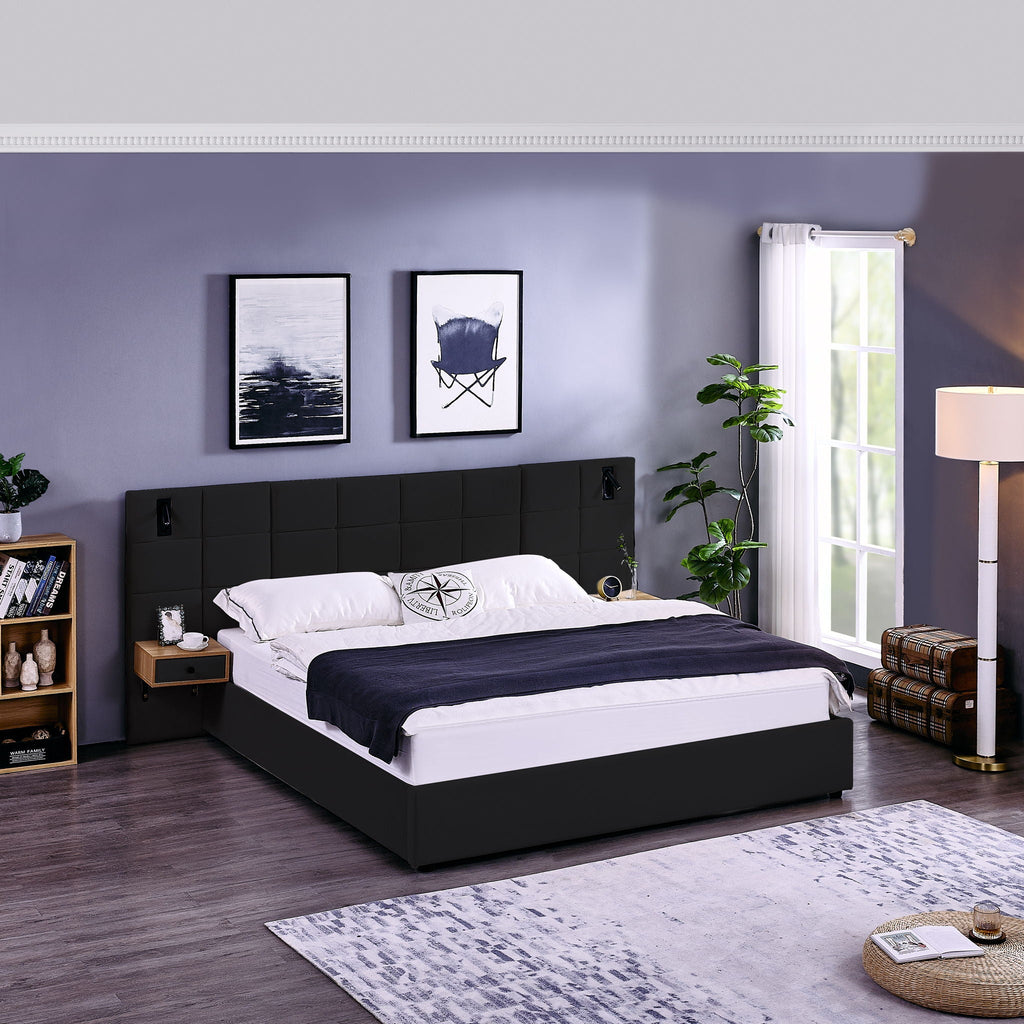 Upholstered Hydraulic Platform Bed With Storage Shelves, Reading Lamps, USB Port