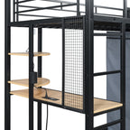 Loft Bed With Desk, Shelves, Power Outlet, LED Light And Wardrobe