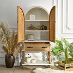 Arched Flower Carved Door Accent Sideboard Cabinet With 1 Drawer And Shelf, Cabinet For Kitchen - Natural / White