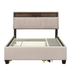 Upholstered Platform Bed With Storage Headboard, Trundle & 2 Drawers And A Set Of Sockets & USB Ports