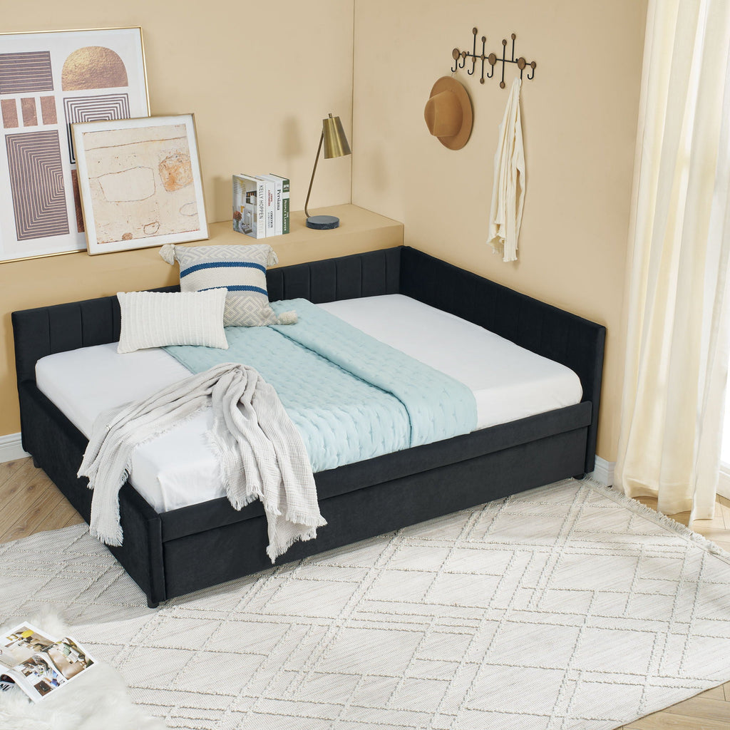 Full Size Upholstered Daybed With Trundle, Tufted Backrest And Armrests - Black
