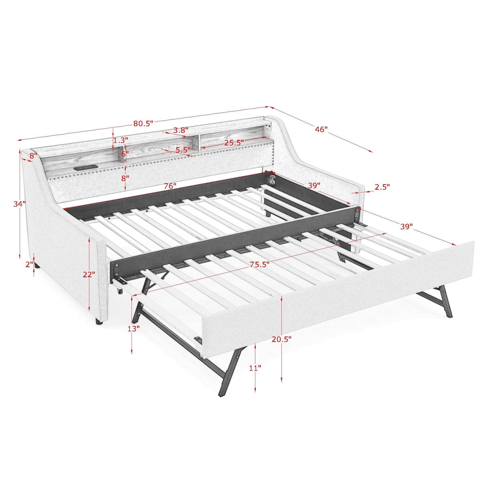 Upholstered Sofa Bed With LED Lights, Storage Headboard, Foldable Trundle & Wireless Charging
