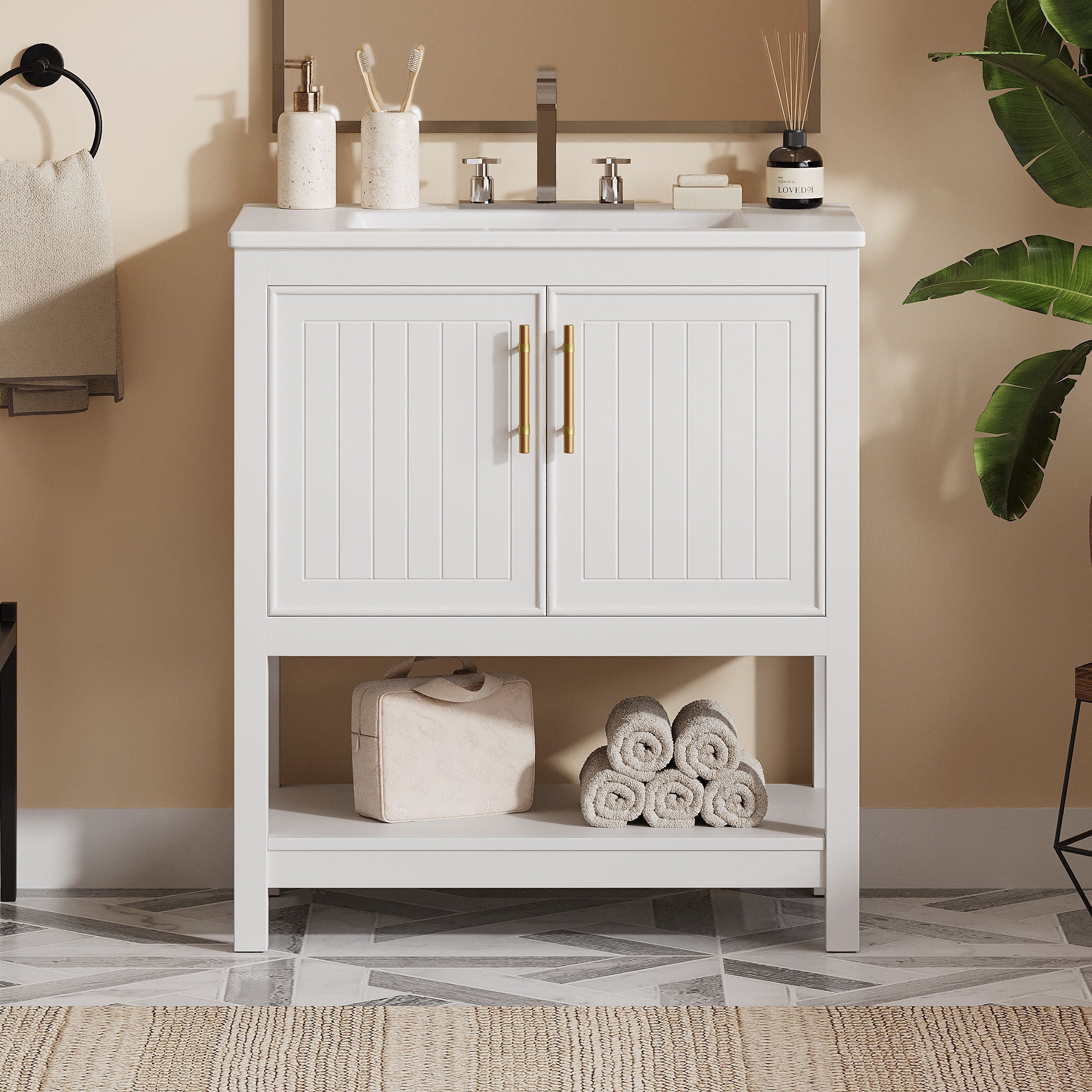 Elegant Bathroom Vanity With Ceramic Sink And Versatile Storage
