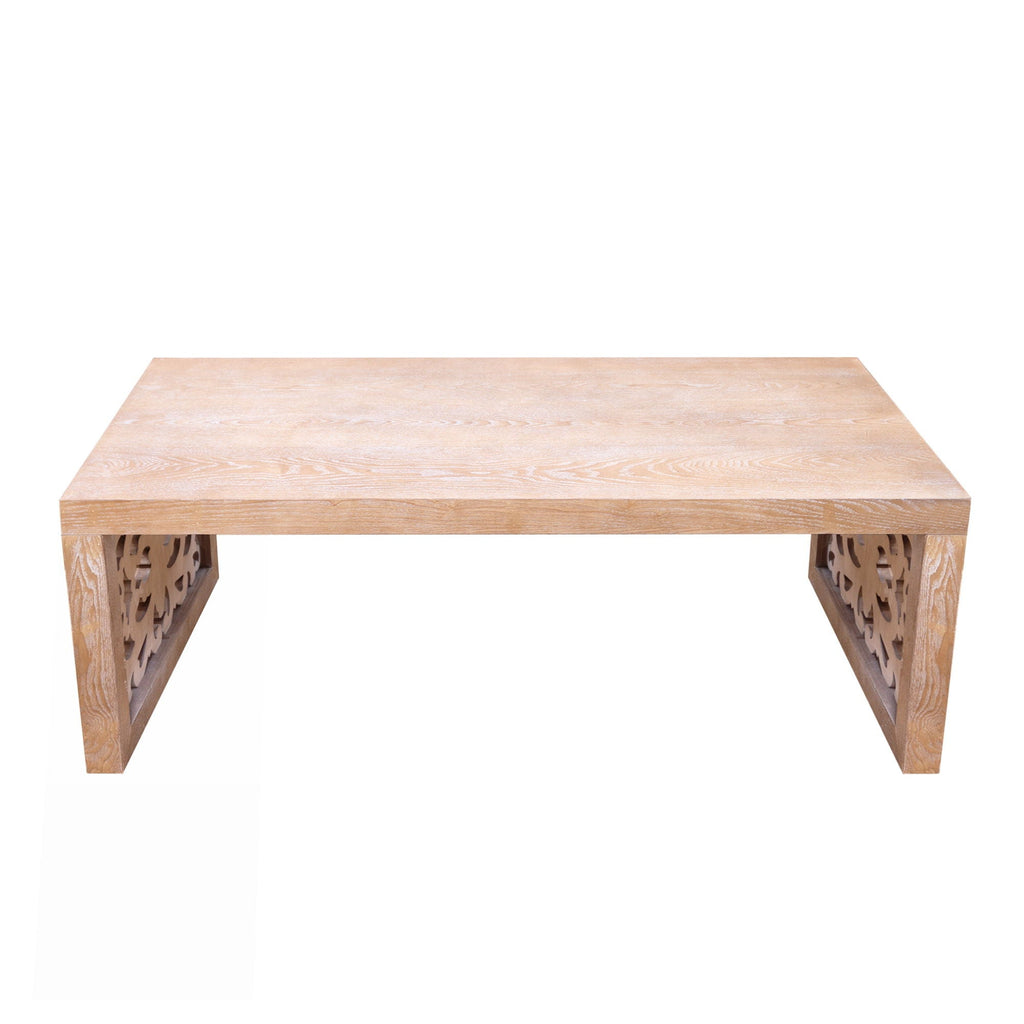 Rustic Carved Wood Coffee Table, Handcrafted Look With Ornate Side Panels