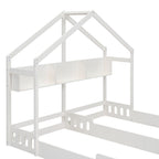 Twin Size Platform Bed With Shared Design, Guardrails, And Built In Shelves - Creamy White