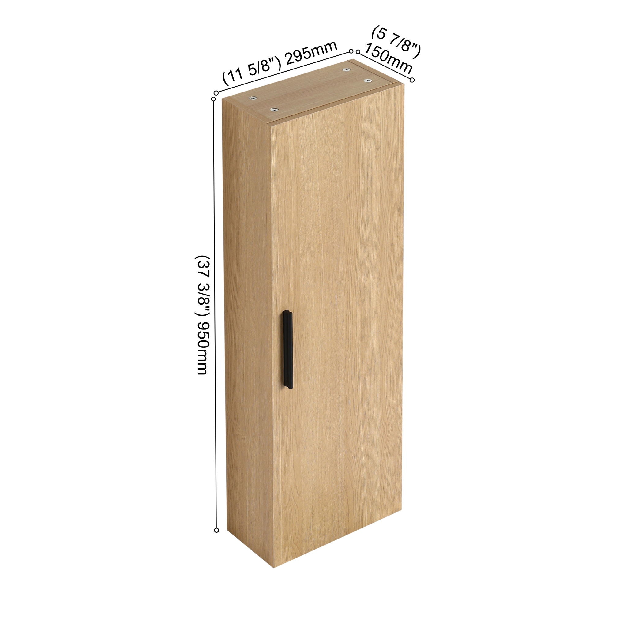 Tall Floating Bathroom Side Cabinet, Wall Mounted Single Door Storage - Light Oak