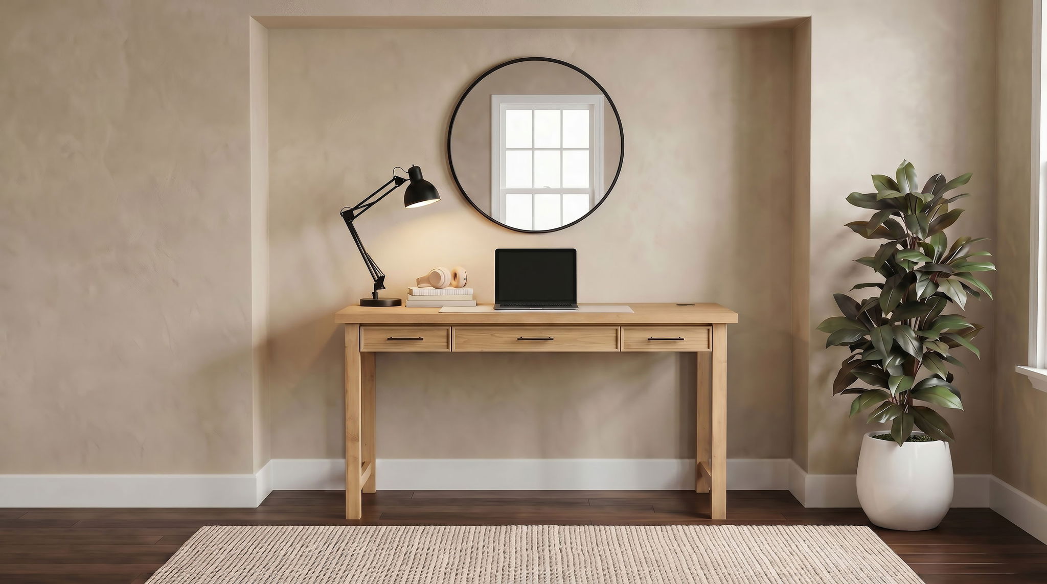 Vermes 55-inch 3-drawer Writing Desk with Power Outlet Light Ash