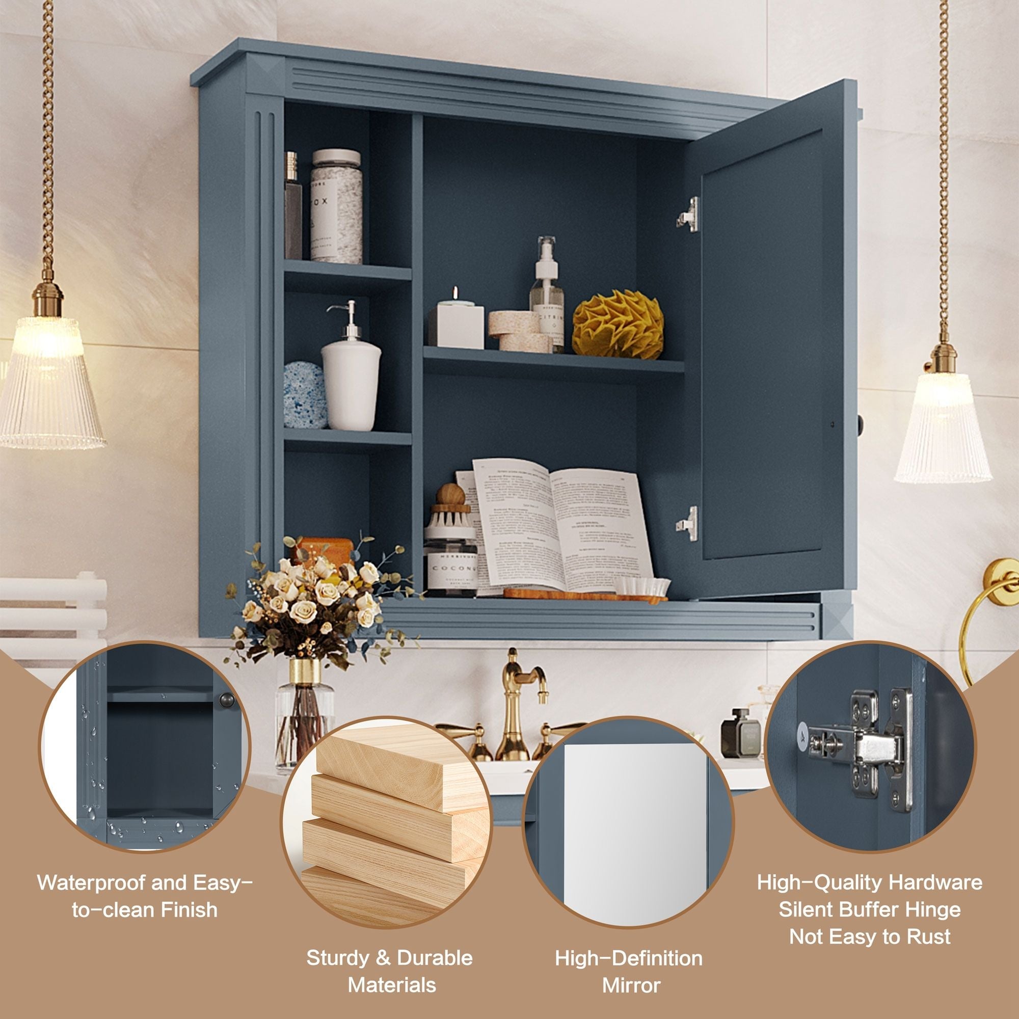 Wall Mounted Bathroom Storage Cabinet With Mirror, Cabinet With 6 Open Shelves And Adjustable Interior