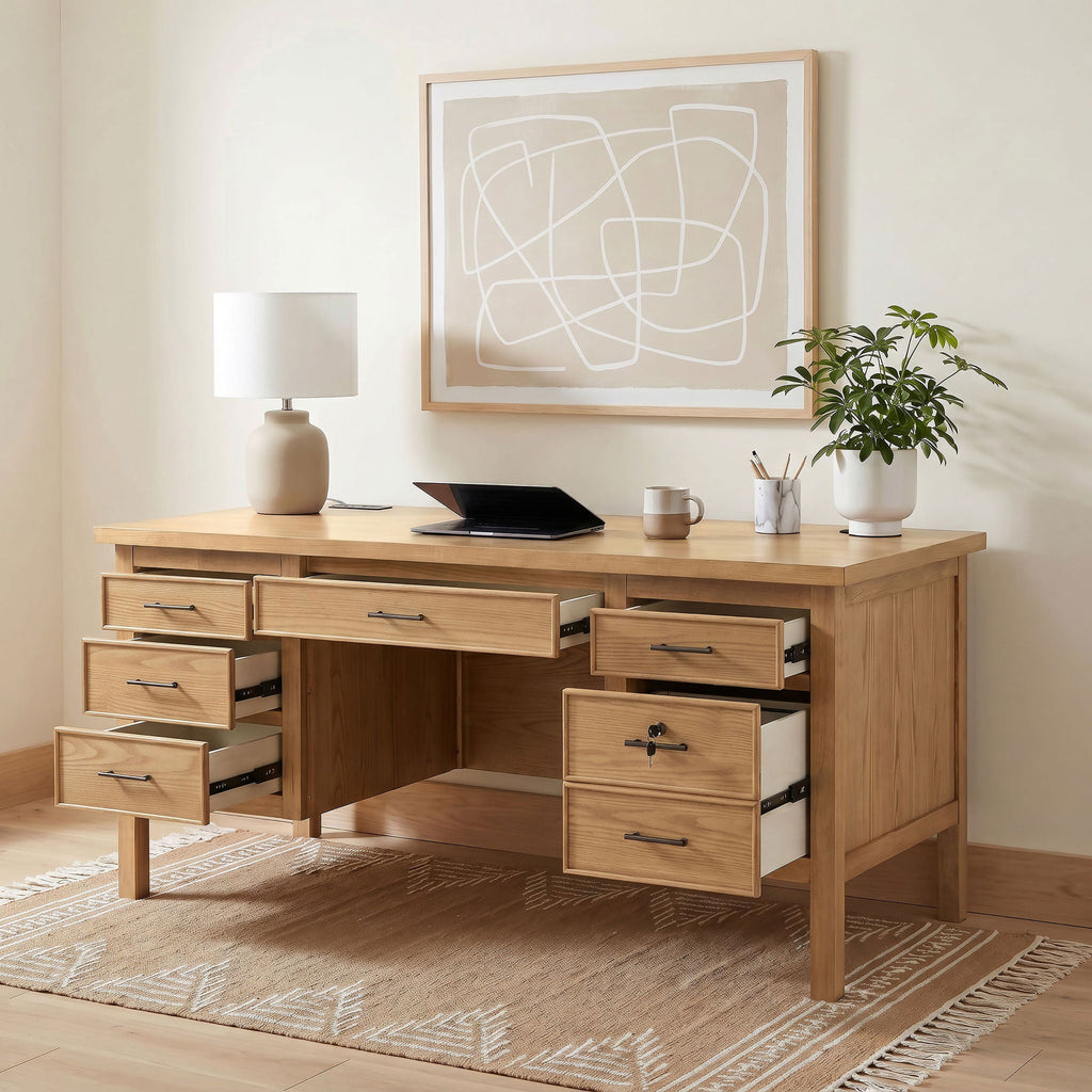 Vermes 66-inch 7-drawer Computer Desk with Power Outlet Light Ash