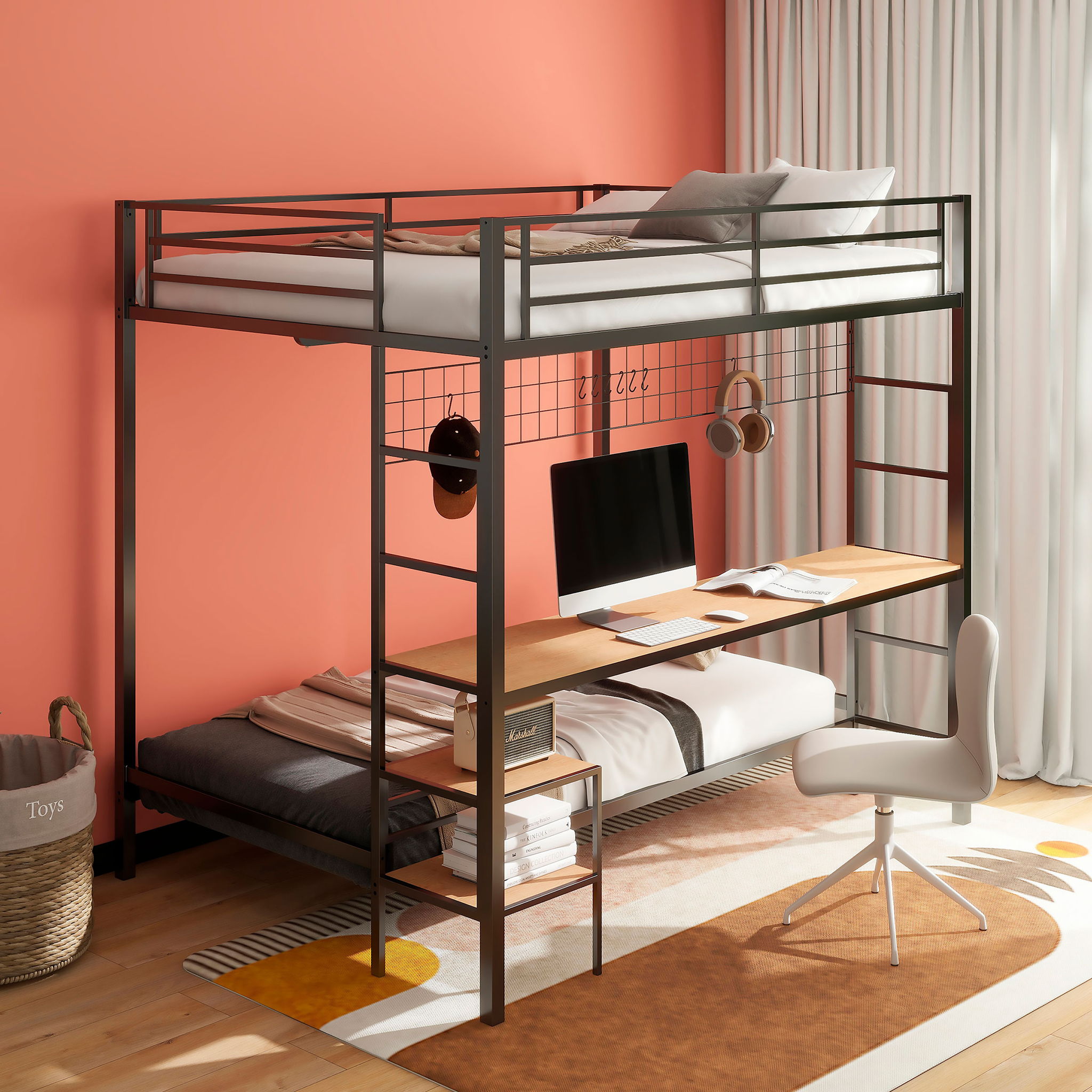 Bettoni Metal Full Over Twin Workstation Bunk Bed Matte Black