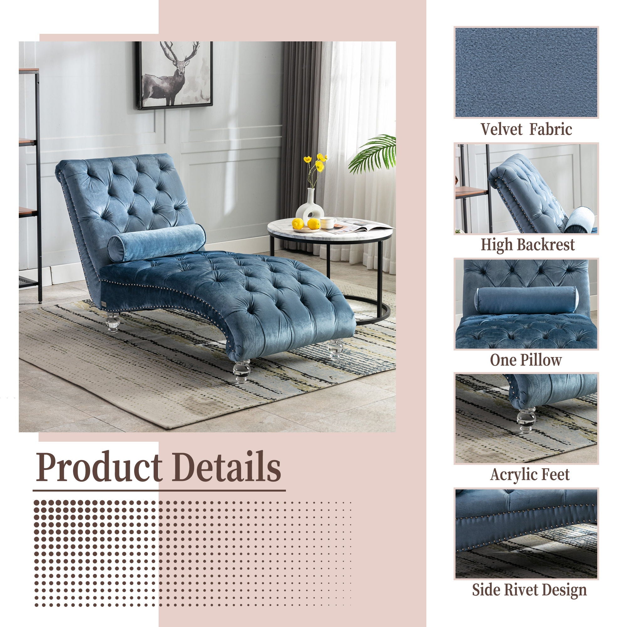 Chaise Lounge Indoor, Button Tufted Upholstered Chaise Lounge Chair With Pillow