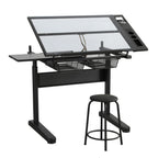 Hand Crank Adjustable Drafting Table Drawing Desk With 2 Metal Drawers With Stool
