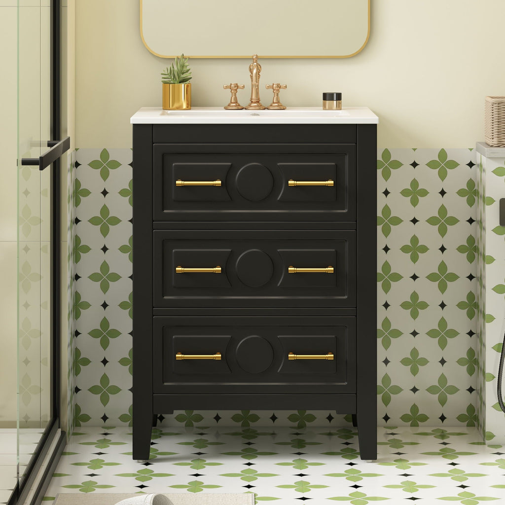 Bathroom Vanity With Sink, Free Standing Single Set, 3 Drawer Storage Cabinet