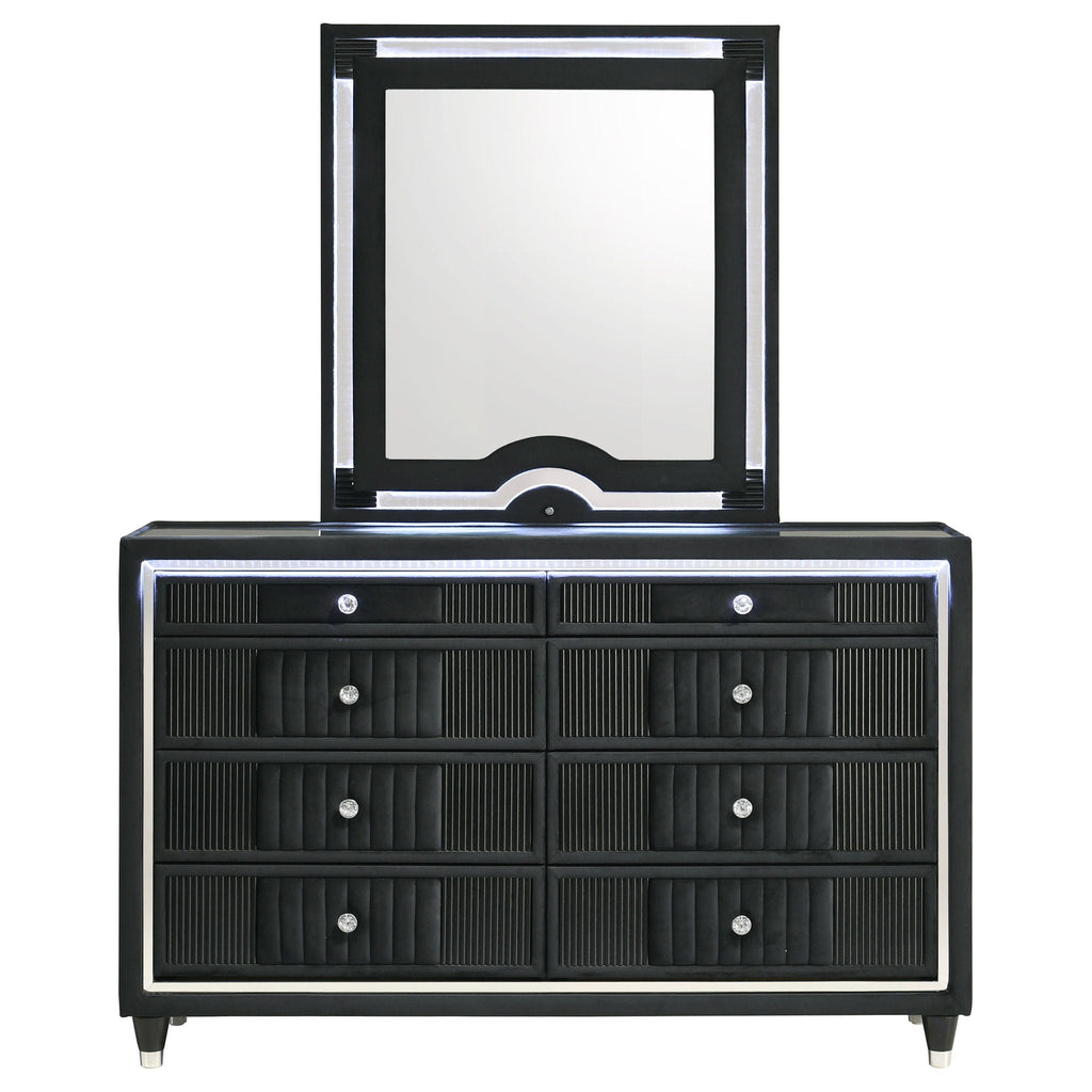 Ravenne 8-drawer Velvet Upholstered LED Dresser and Mirror Black