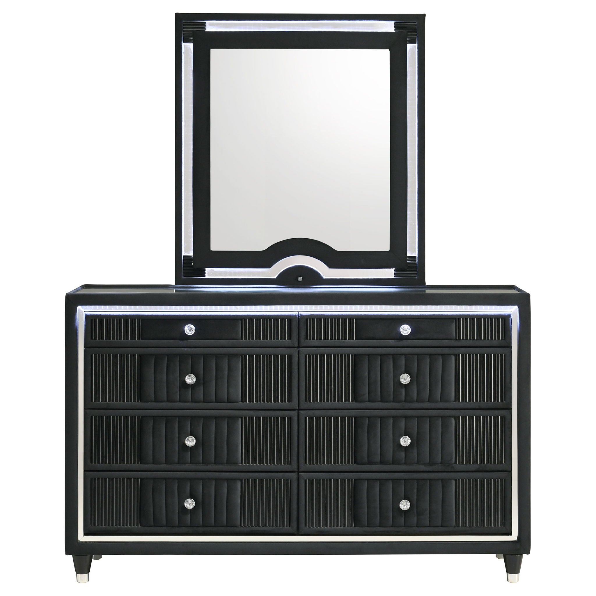 Ravenne 8-drawer Velvet Upholstered LED Dresser and Mirror Black