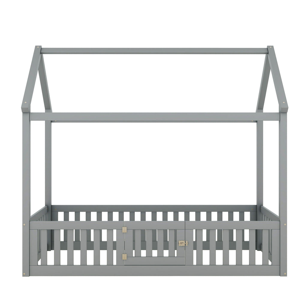 Wood House Bed With Fence And Door