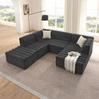 U-Shaped Modular Sectional Sofa With Chaise And Movable Ottoman With Wave-Shaped Armrest