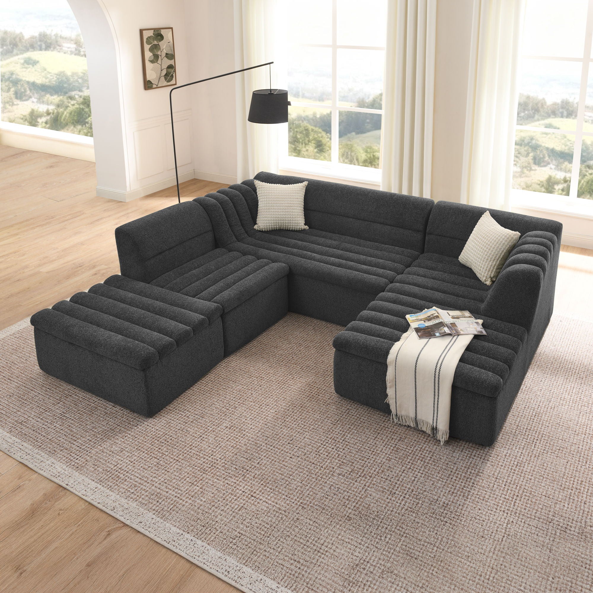 U-Shaped Modular Sectional Sofa With Chaise And Movable Ottoman With Wave-Shaped Armrest
