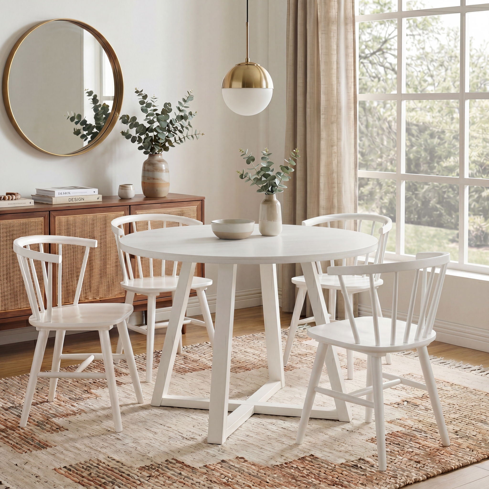 Edo - 5 Piece Dining Set, Trestle Dining Table With 4 Windsor Chairs - White