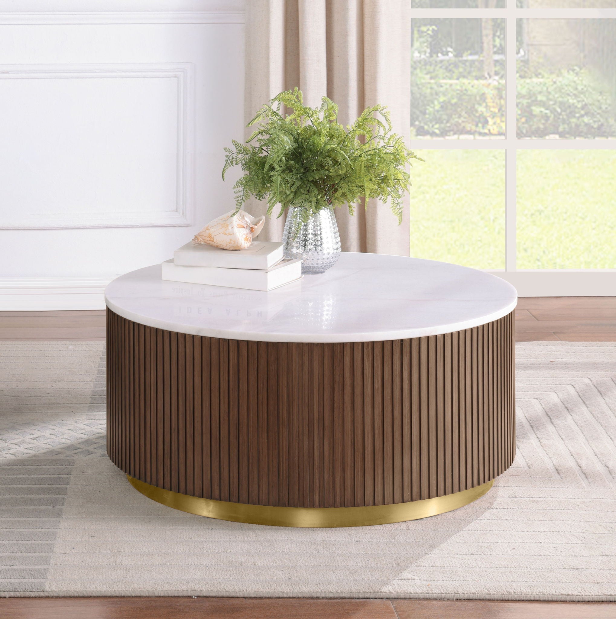 Jason Round White Marble Top Coffee Table Honey Brown