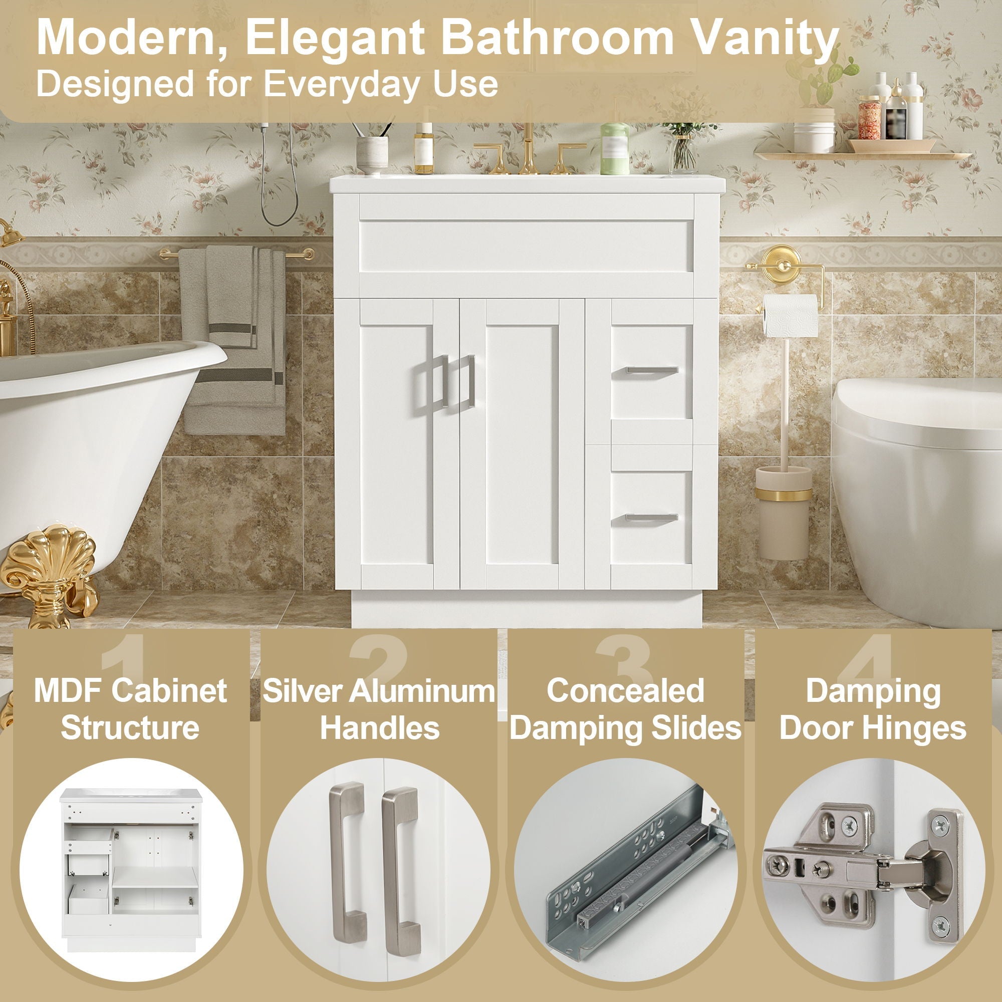 Bathroom Vanity With 2 Doors, 2 Drawers, Adjustable Shelf, Hidden Slides & Soft Close Hinges