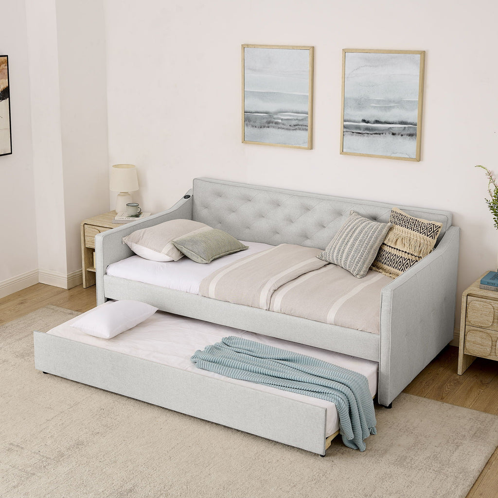 Daybed With Pop Up Trundle And USB Charging Armrest