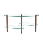 Transparent Oval Glass Coffee Table, Modern Table In Living Room Oak Wood Leg Tea Table 3-Layer Glass Table