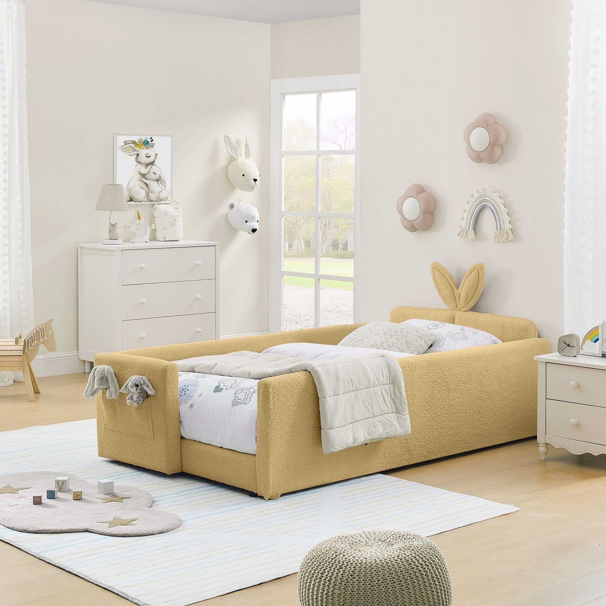 Cute Rabbit Ear Upholstered Platform Bed Frame With Safety Rail
