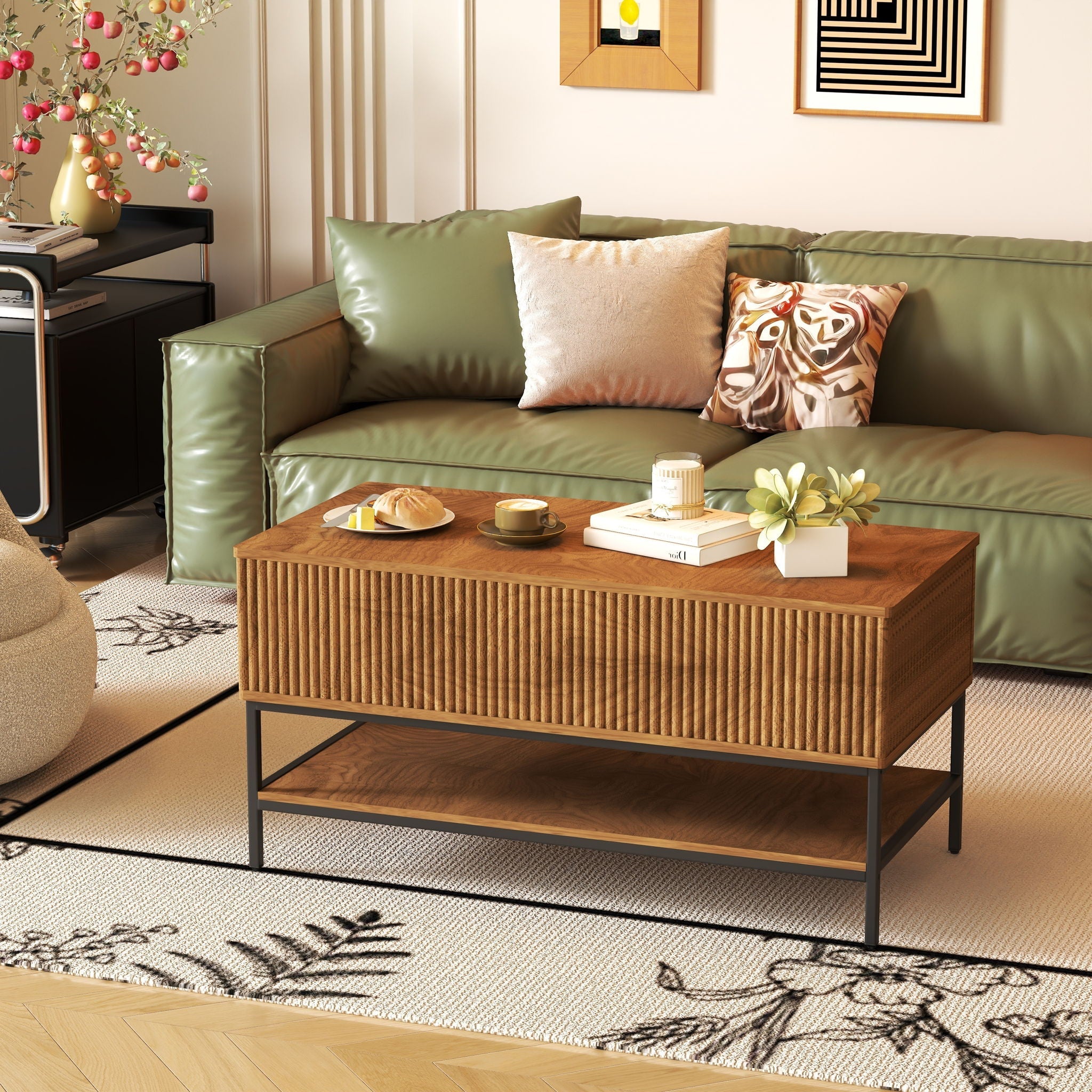 Rectangle Lift Top Coffee Table With Hidden Storage And Lower Shelf - Brown