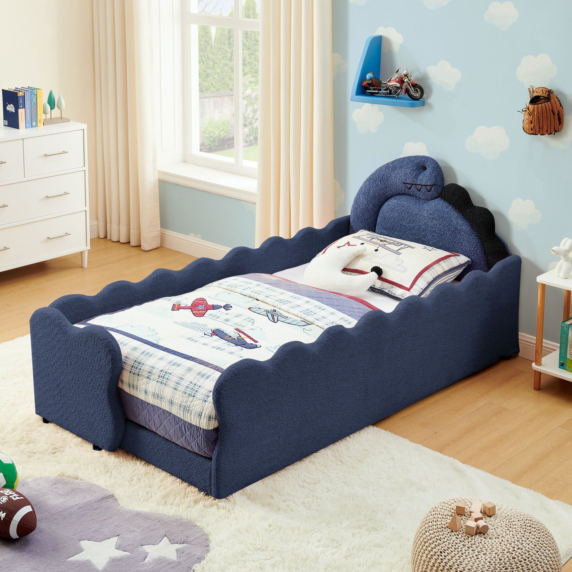 Cute Dinosaur Shaped Bed With Safety Guardrail, Toddler Frame
