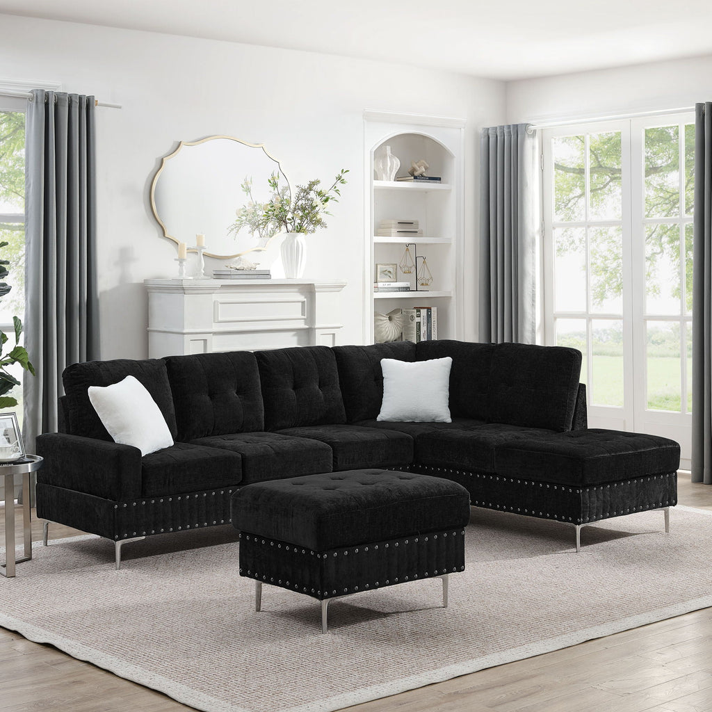 L-Shaped Sectional Sofa With Chaise And Storage Ottoman, Includes 2 Pillows