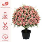 Artificial Rose Decoration With UV Resistant Silk Petals, Durable Stems In Cement Pot, Indoor Outdoor Potted Floral Arrangement - Green / Pink