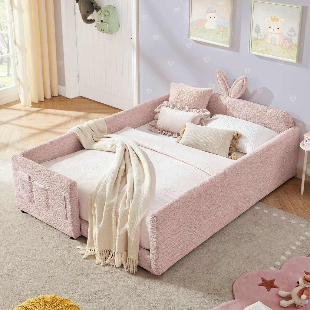 Cute Rabbit Ear Upholstered Platform Bed Frame With Safety Rail