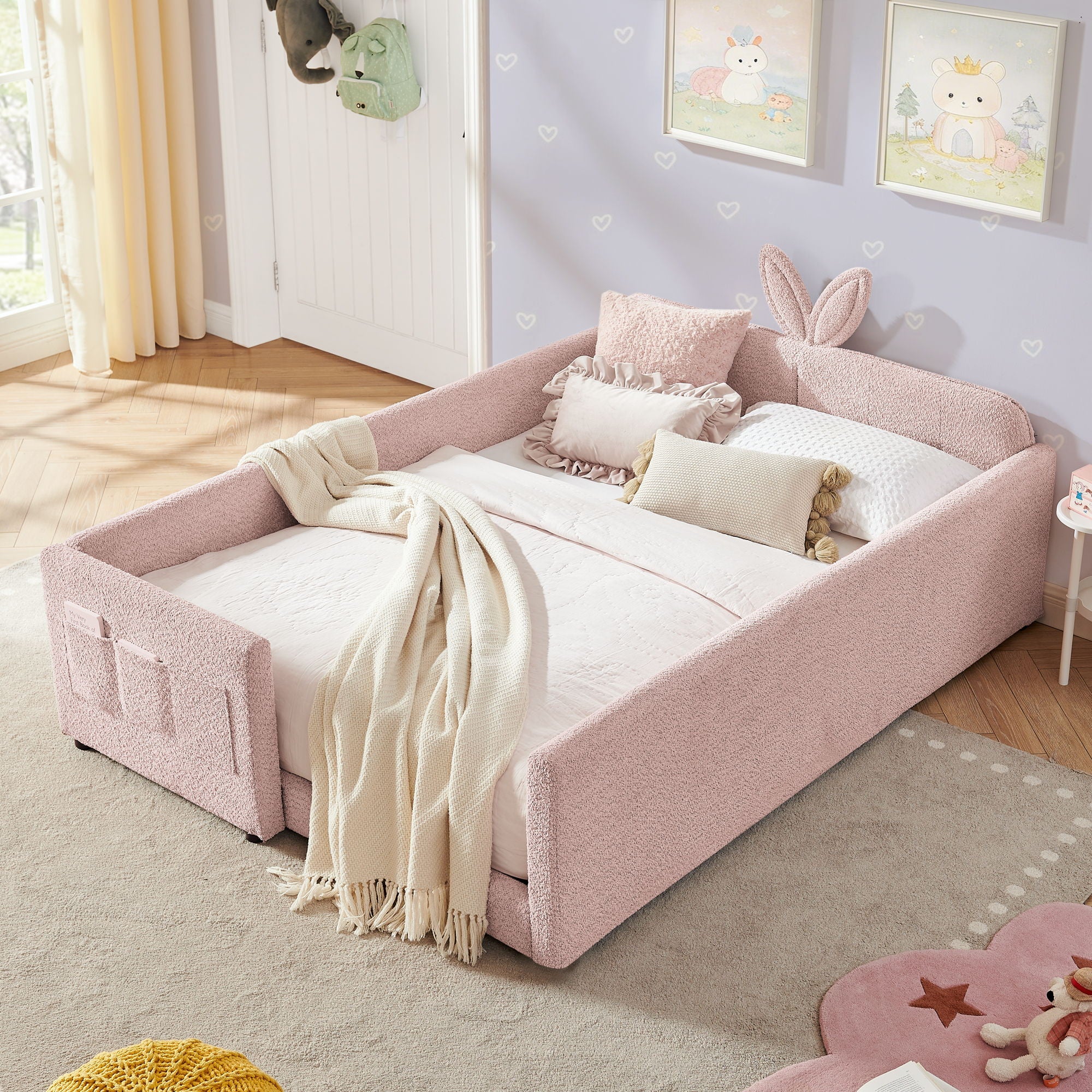 Cute Rabbit Ear Upholstered Platform Bed Frame With Safety Rail