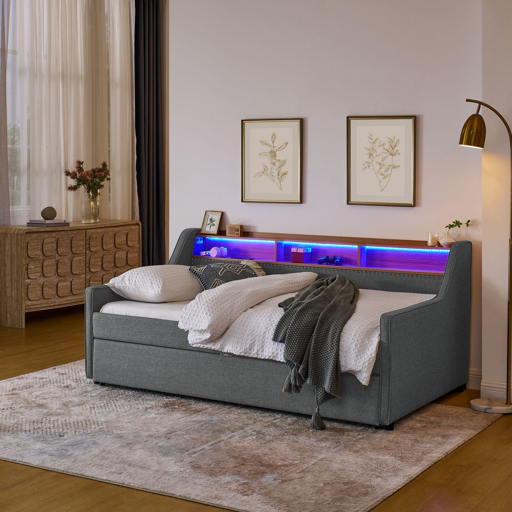 Upholstered Sofa Bed With LED Lights, Storage Headboard, Foldable Trundle & Wireless Charging