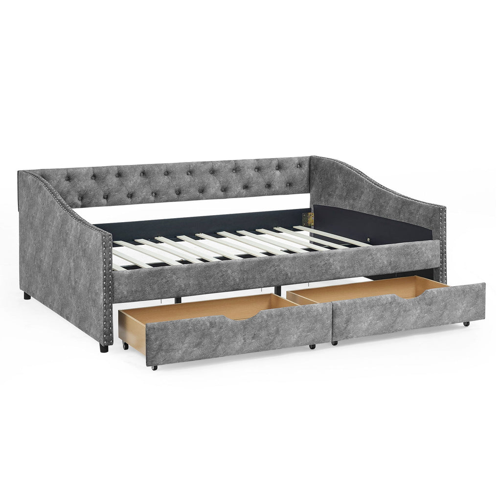 Upholstered Tufted Daybed With Drawers, Waved Arms
