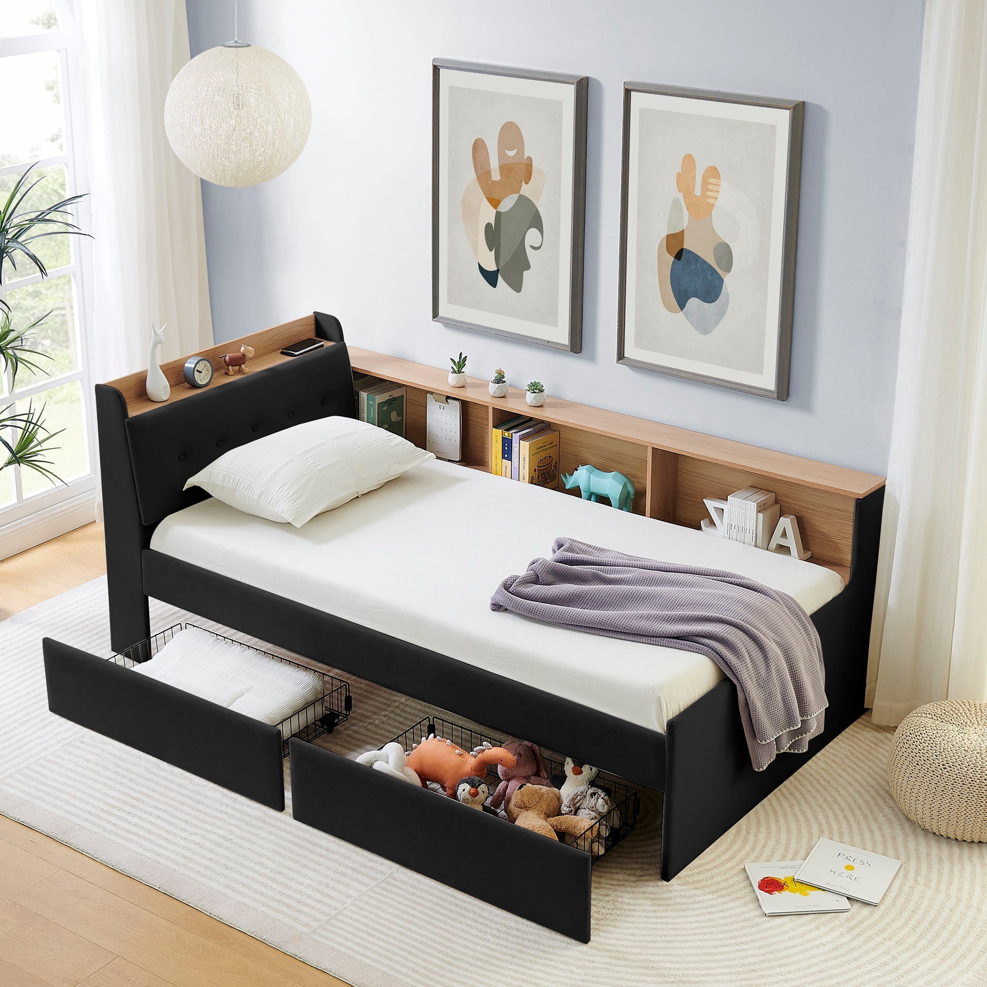 Upholstered Daybed With Storage Headboard, Wireless Charging, LED Lights