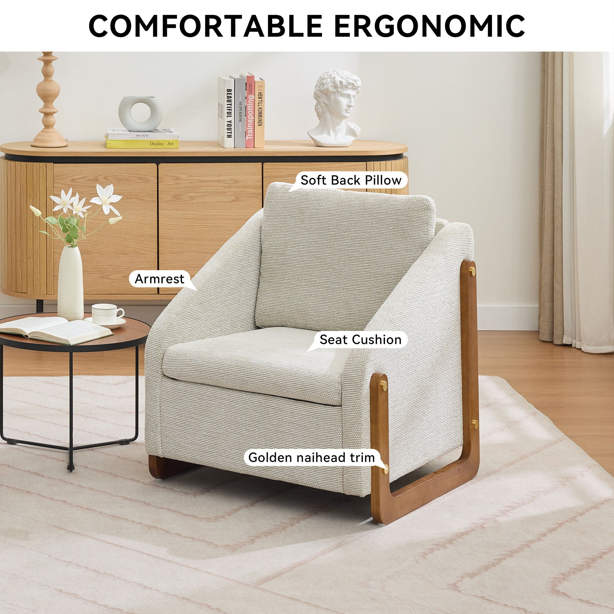 Modern Upholstered Armchair With Wooden Side Frame