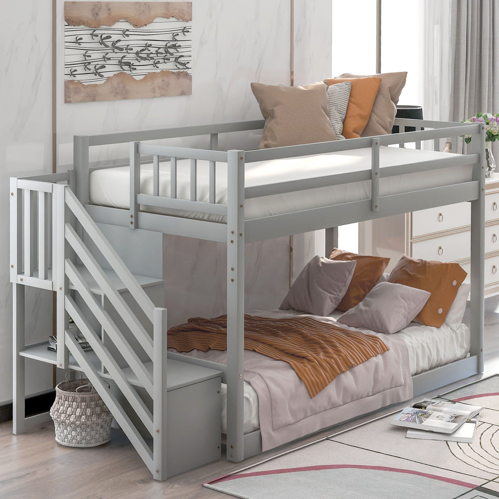 Norset - Twin Over Twin Floor Bunk Bed, Ladder With Storage