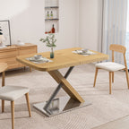 Retractable Square Dining Table, Seating 4 - 6 People, Cross Base With Stainless Steel Tubing, Expandable - Natural